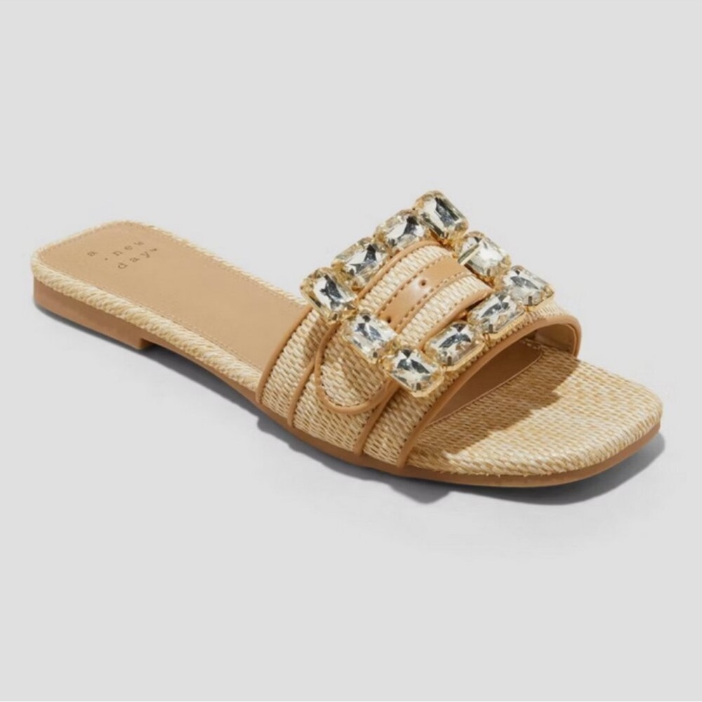 A New Day Beige Slide Sandals with Crystal Embellishments Varios Sizes